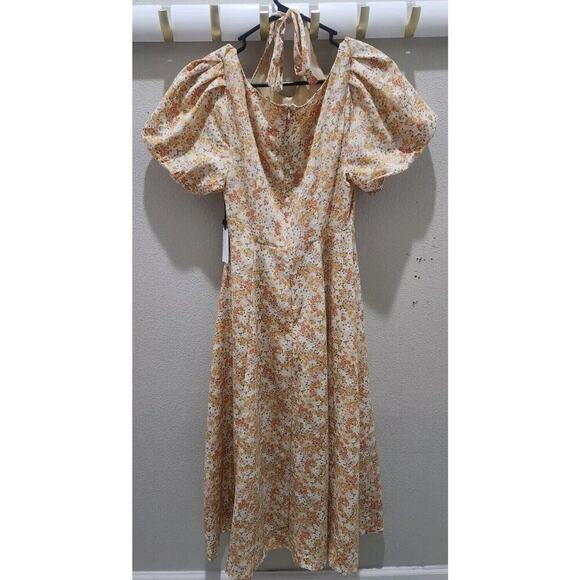 ASTR The Label Puff Sleeve Ditsy Peach Floral A Line Midi Dress Lined‎ Women M - Picture 2 of 10